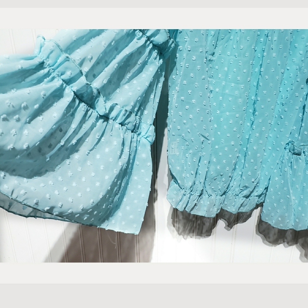● S O L D ● Turqouise Blue Ruffled Off Shoulder Peasant Top - Picture 4 of 8